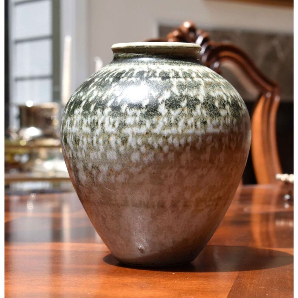 Vintage Studio Pottery Stoneware Vase Mottled Green White Drip Glaze - 7.5"